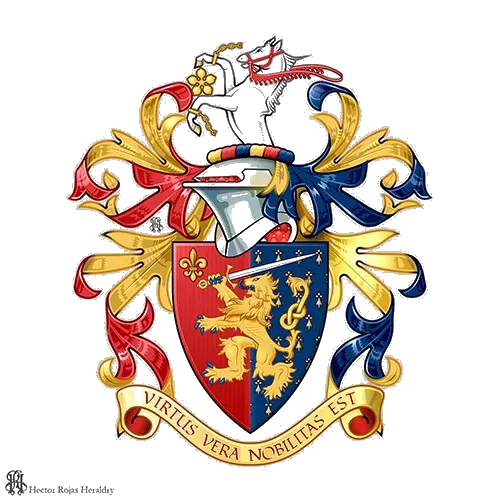 Party per pale shield gules and azure with lion holding sword, pegasus crest, motto Virtus Vera Nobilitas Est