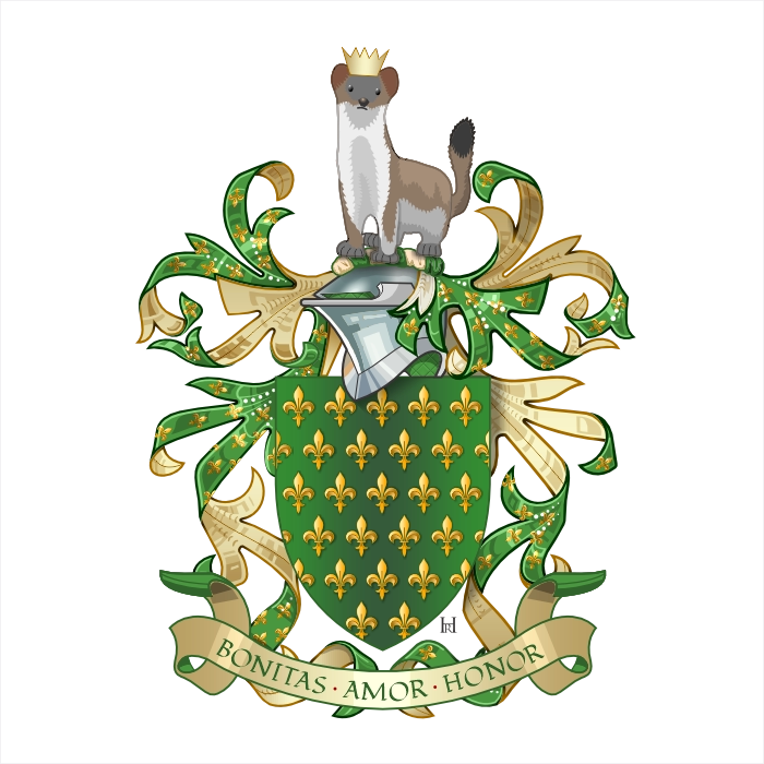 Vert shield semé of fleurs-de-lis Or, ermine crest with coronet, motto Bonitas Amor Honor