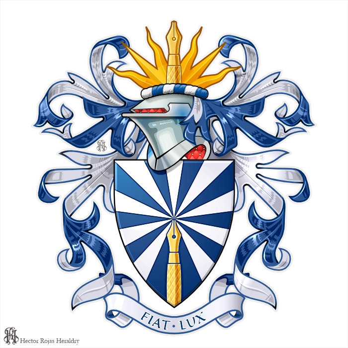 Gyronny azure and argent shield with fountain pen, sun crest, motto Fiat Lux