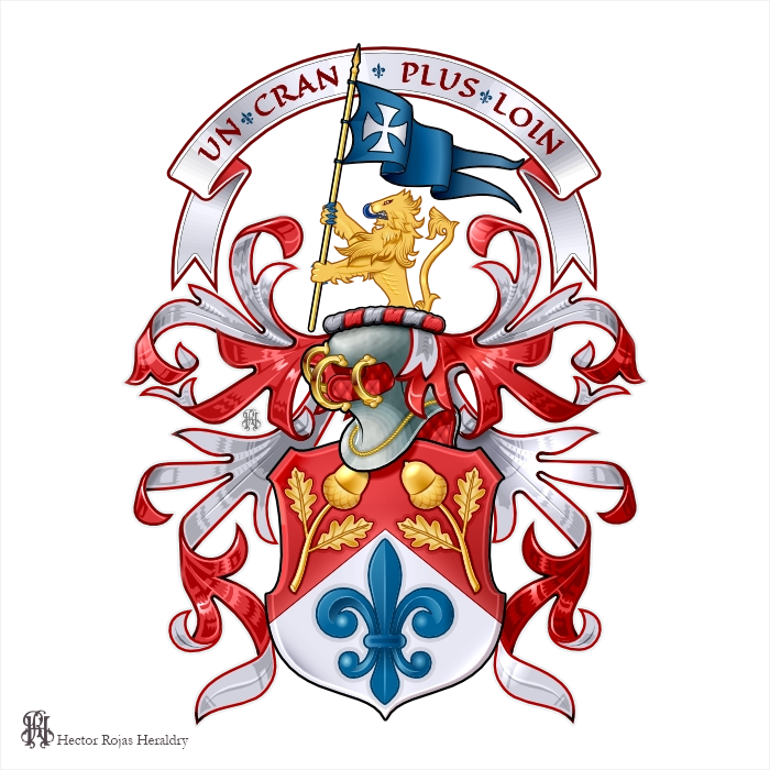 Gules shield with fleur-de-lis and oak leaves, lion crest holding flag, motto Un Cran Plus Loin
