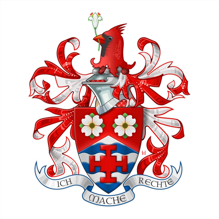 Gules shield with dogwood flowers and Jerusalem cross, cardinal bird crest, motto Ich Mache Rechte