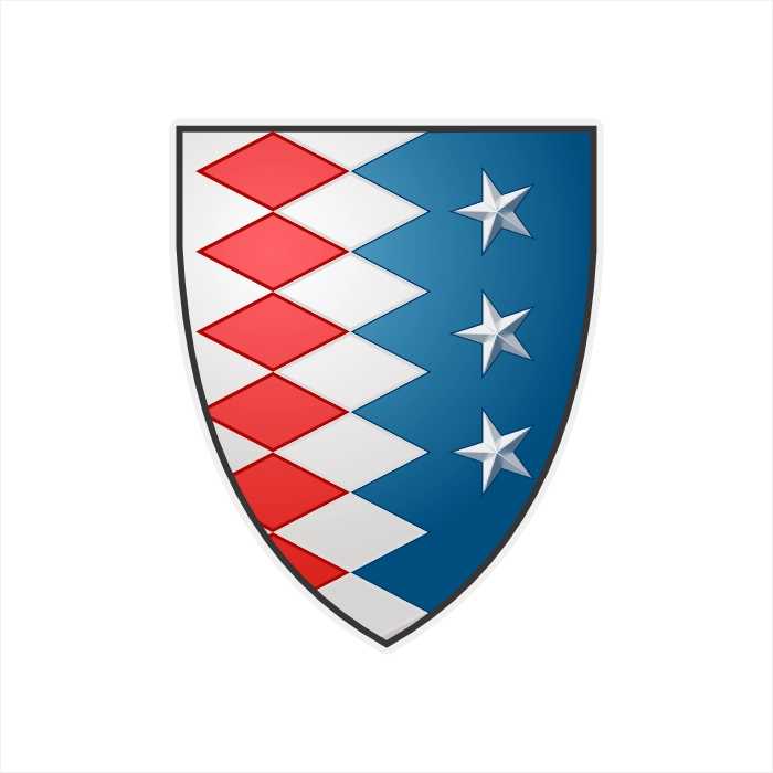 Party per bend sinister shield lozengy gules and argent with azure mullets