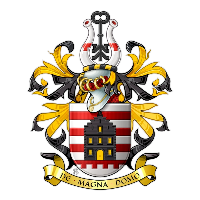 Barry argent and gules shield with house, swan necks crest with key, motto De Magna Domo