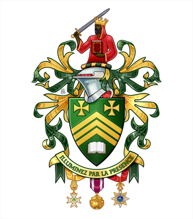 Vert shield with gold crosses and chevronels, crowned king crest with sword, motto Illuminez Par La Presence