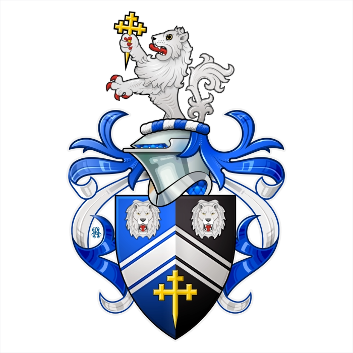 Party per pale azure and sable shield with lion masks and cross crosslet, lion crest holding cross