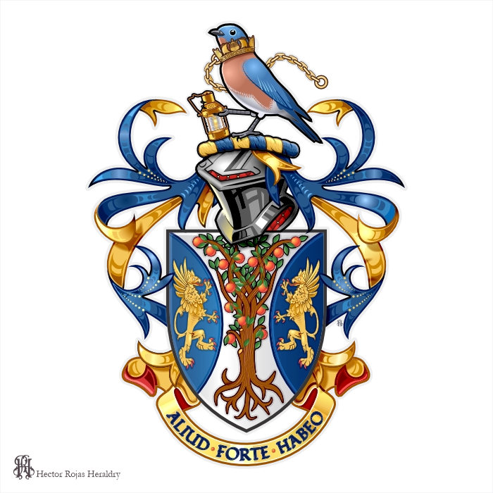 Party per pale shield with apple tree and lions, crowned bluebird crest with lamp, motto Aliud Forte Habeo