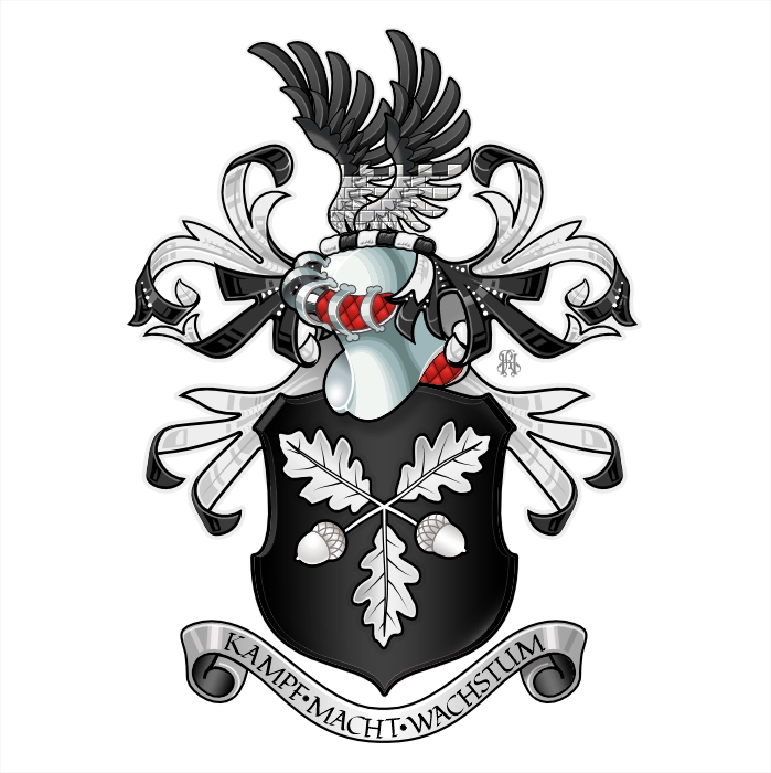 Sable shield with oak leaves and acorns, black eagle wings crest, motto Kampf Macht Wachstum