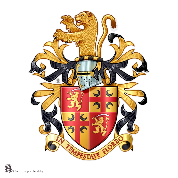 Quarterly gules and Or shield with lions and crescents, leopard crest, motto In Tempestate Floreo