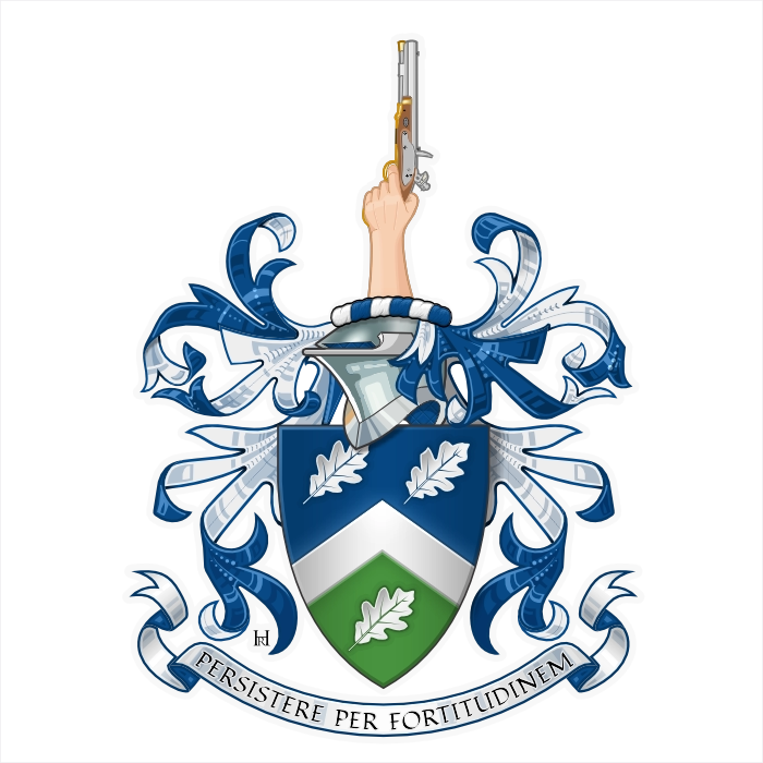 Azure and vert shield with chevron and oak leaves, arm holding flintlock pistol crest, motto Persistere Per Fortitudinem