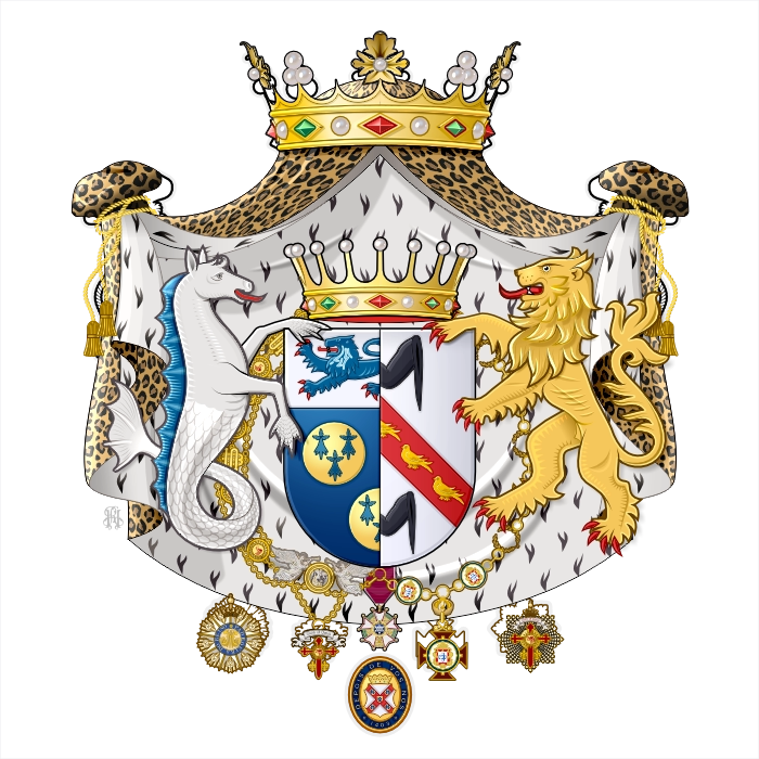 Royal achievement with quarterly shield, ermine mantle, seahorse and lion supporters, coronet and medals