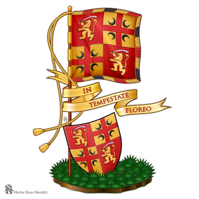Quarterly shield with lions rampant and crescents, heraldic banner, motto In Tempestate Floreo