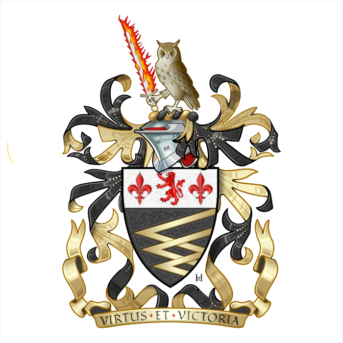 Coat of arms sable with pall Or, owl crest holding flaming sword, motto Virtus Et Victoria