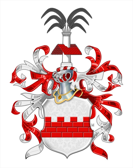 Argent shield with gules embattled base, tower crest with black eagle feathers