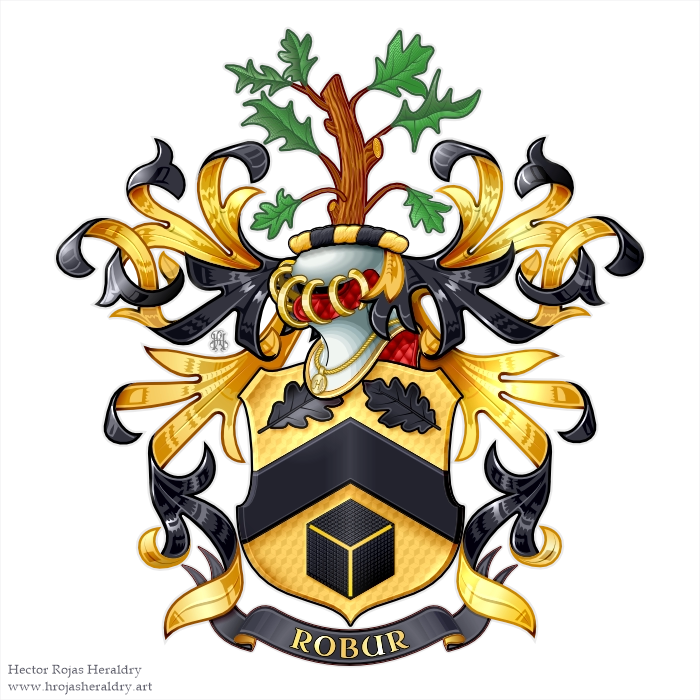 Or shield with sable fess and cube, oak tree crest, motto Robur